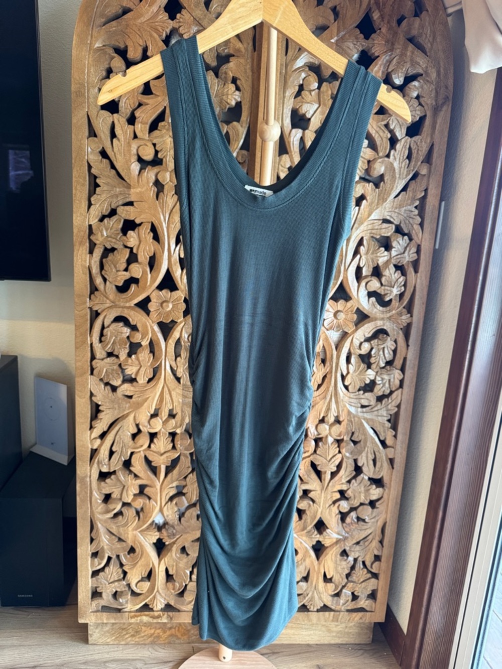 LAmade Sleeveless Midi Dress in Deep Green with Side Ruching